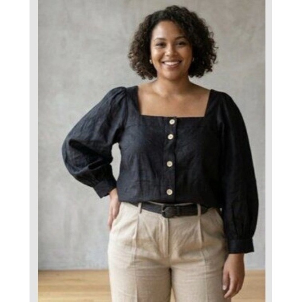 J.Crew Shirt Womens 3X Black 100% Linen Square Neck Button Blouse Balloon Sleeve